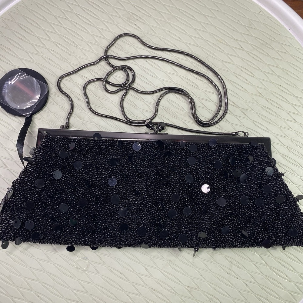 Vtg Lord&Taylor Black Beaded Sequin Satin Oblong Evening Clutch Purse